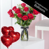 12 Red Roses - Vase (Complimentary balloons)