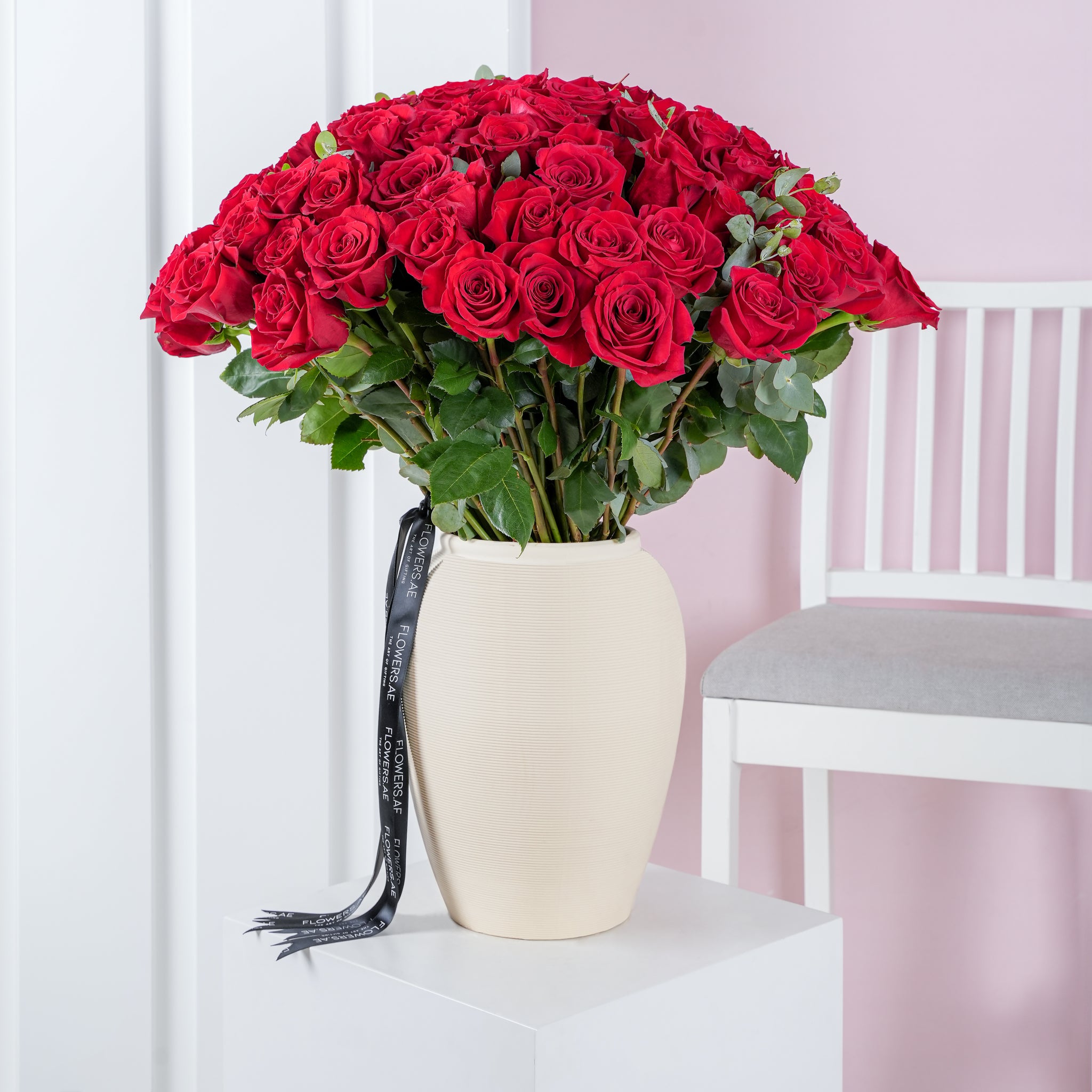 100 Red Roses - Vase | Free Same-Day Delivery to all Emirates - Flowers.ae