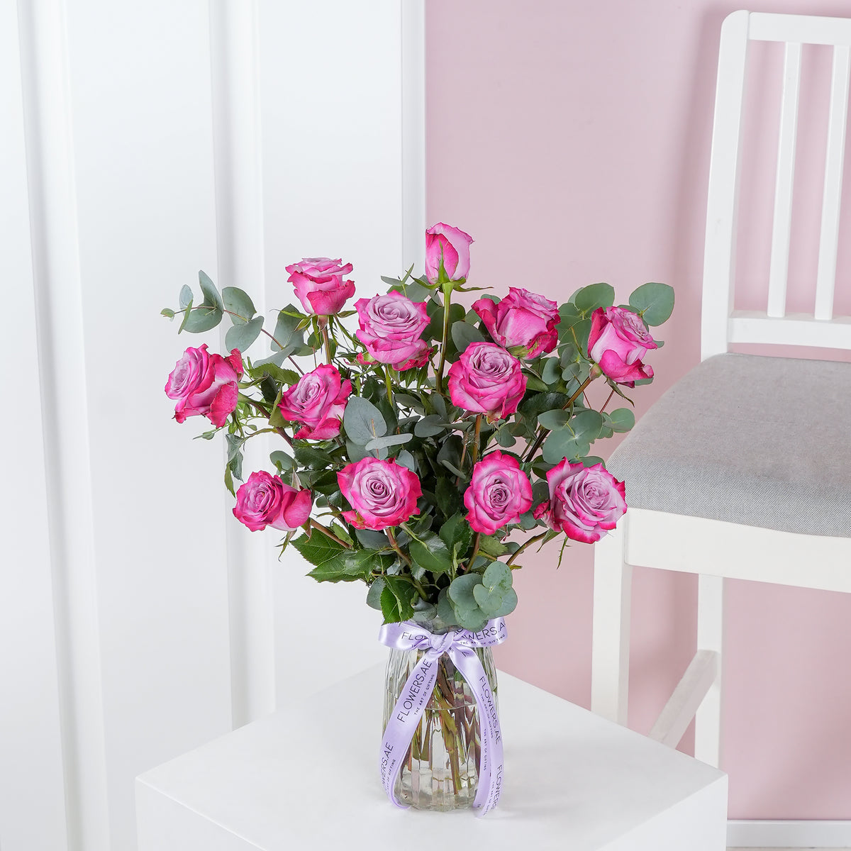12 Purple Roses Vase