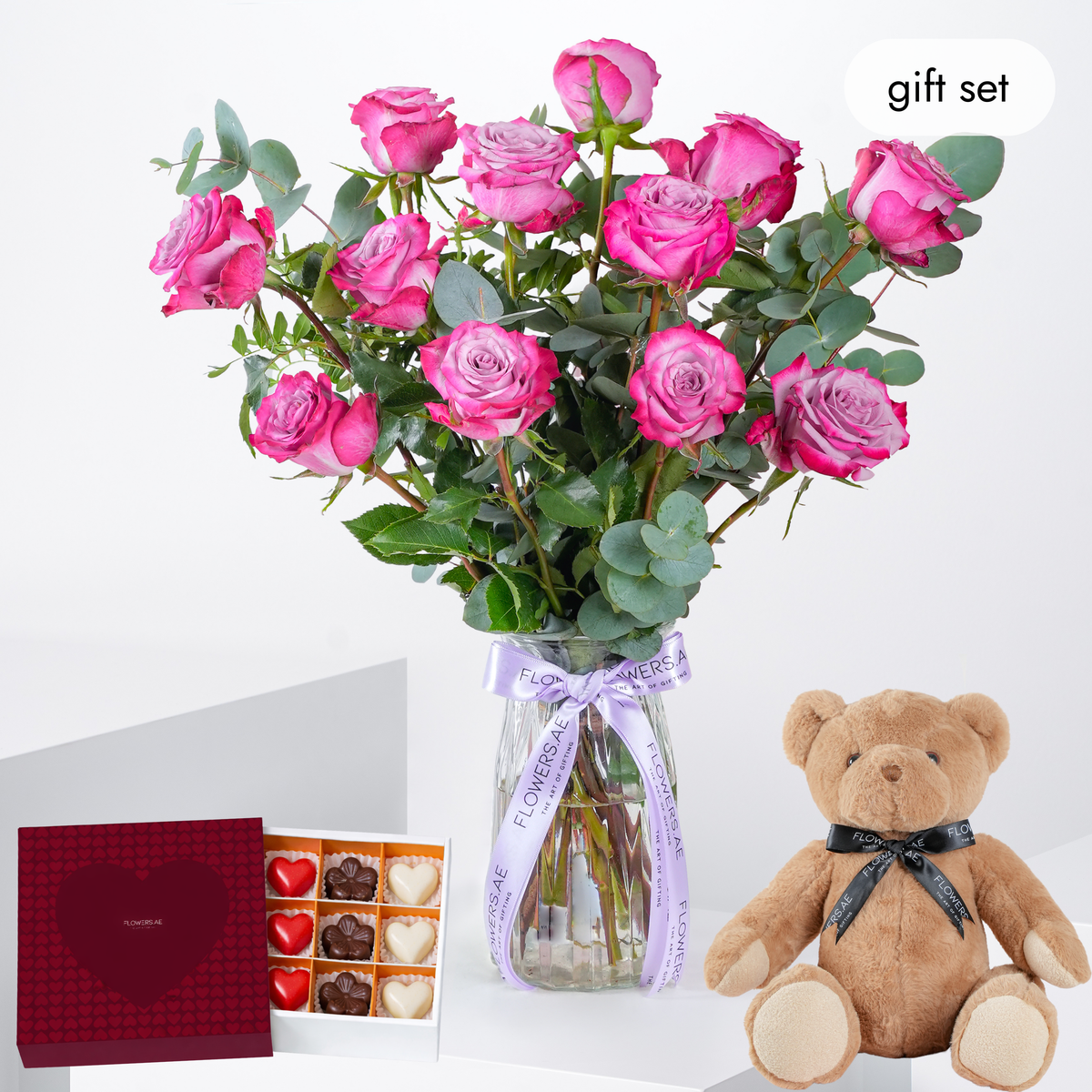 12 Purple Roses - Vase (Teddy)