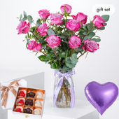 12 Purple Roses Vase (Gift Set)