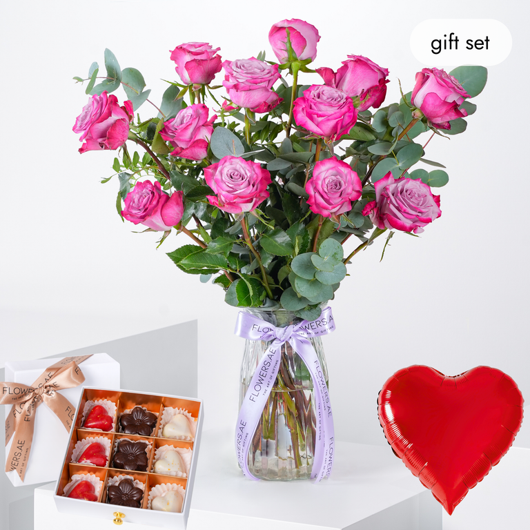 12 Purple Roses Vase (Gift Set)