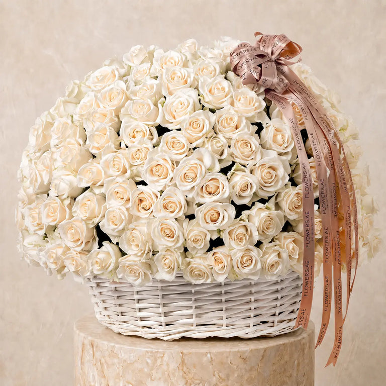 365 White Roses Basket