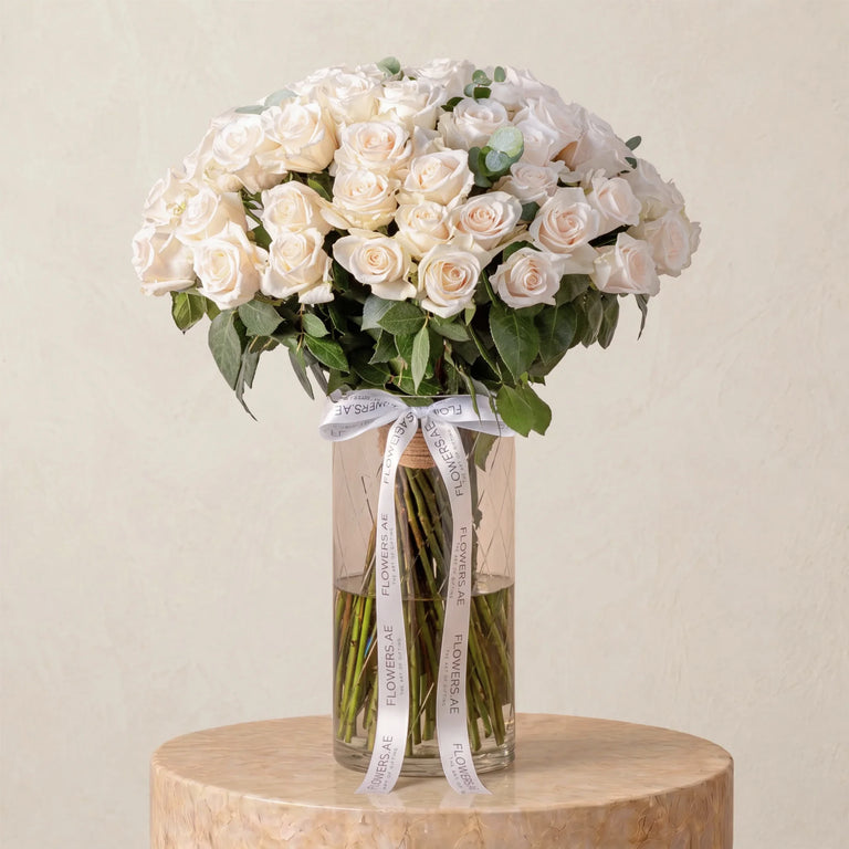 50 White Roses Vase