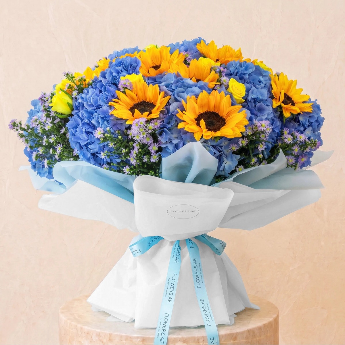 Blue Hydrangea with Sunflowers