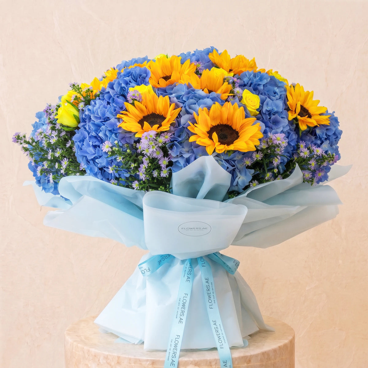 Blue Hydrangea with Sunflowers