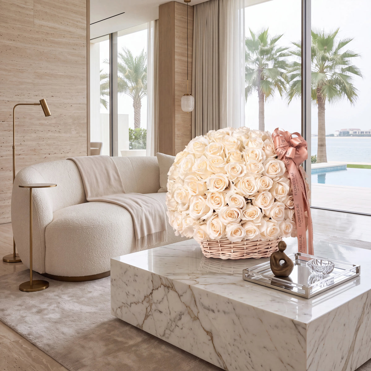 100 White Roses Basket