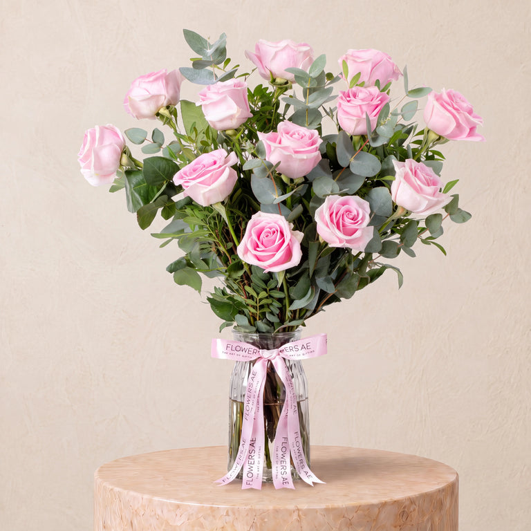 12 Pink Roses Vase