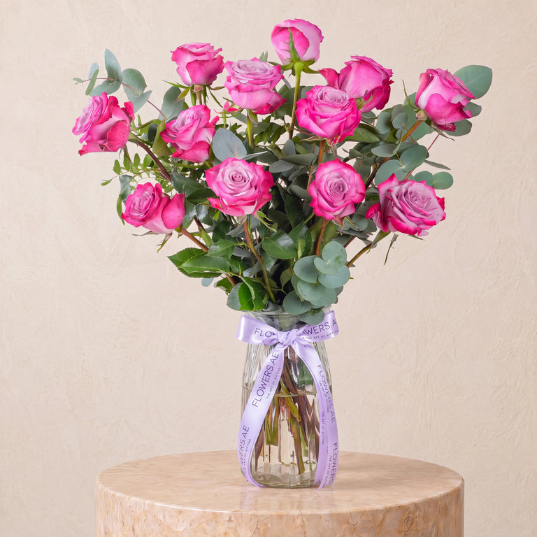 12 Purple Roses Vase