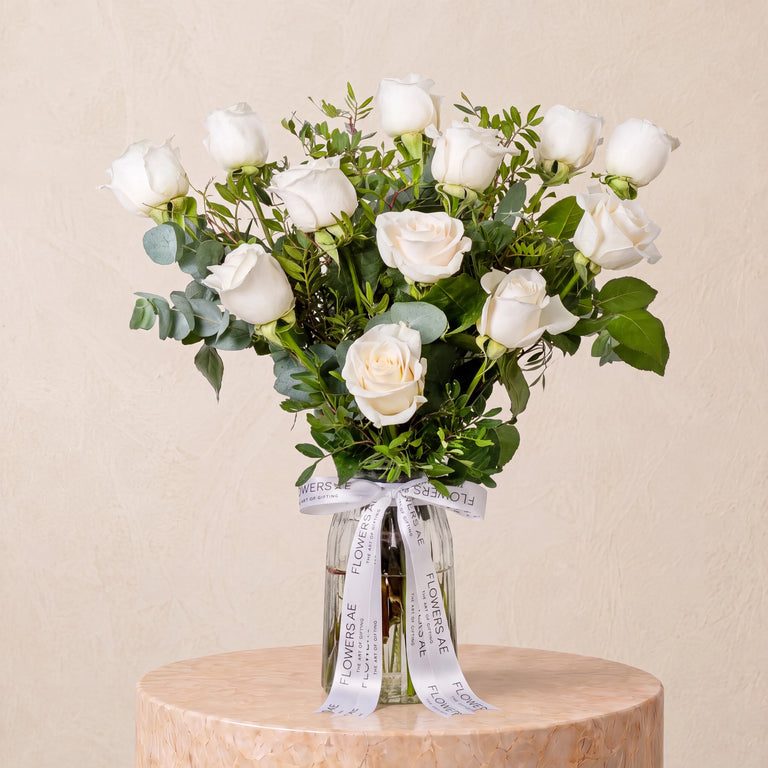 12 White Roses Vase