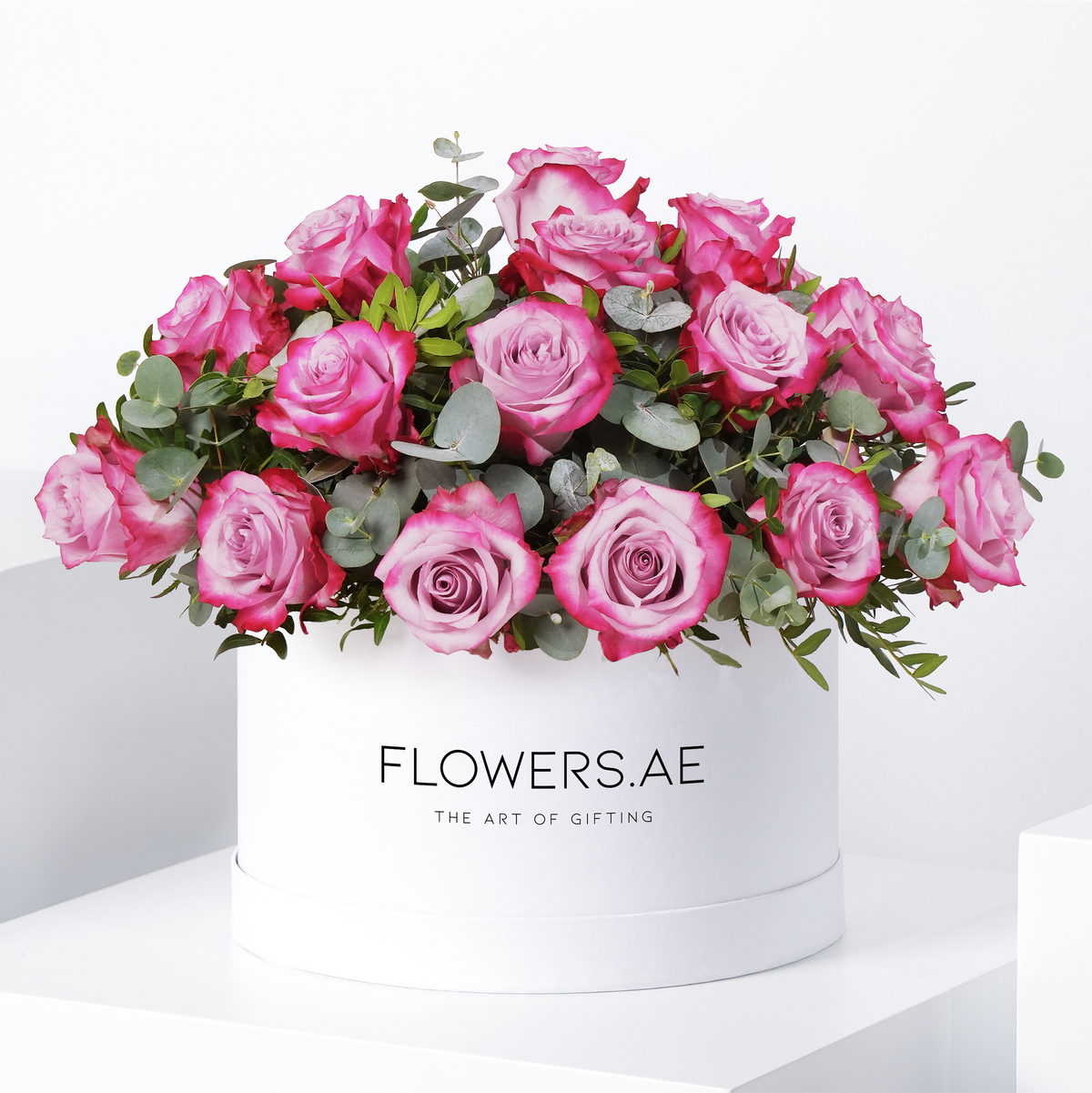 Valentine Purple Roses with greens Hatbox