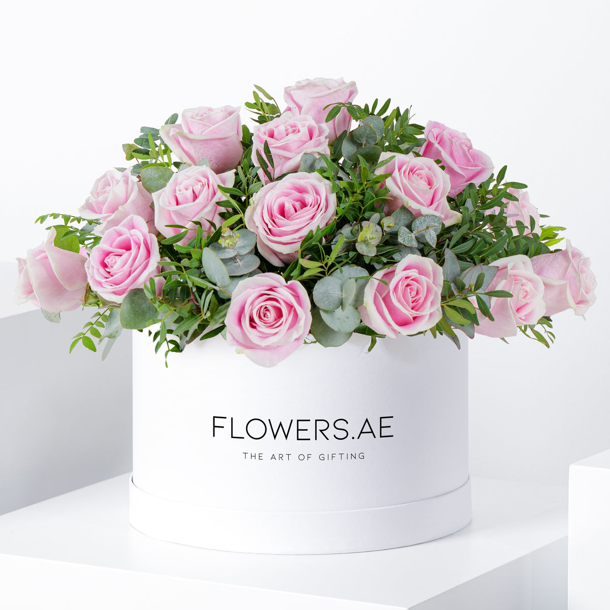 Valentine Pink Roses with greens - Hatbox