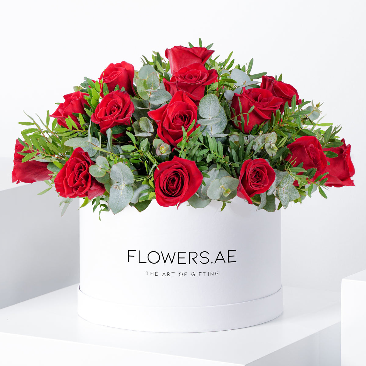 Valentine Red Roses with greens Hatbox