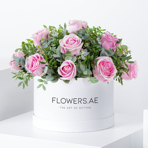 Valentine Pink Roses with greens - Hatbox