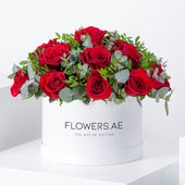 Valentine Red Roses with greens Hatbox