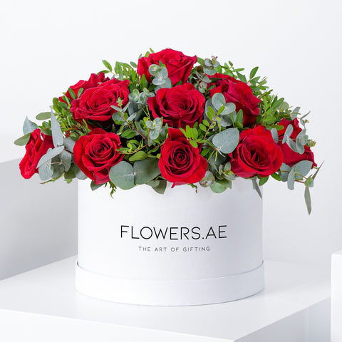 Valentine Red Roses with greens Hatbox