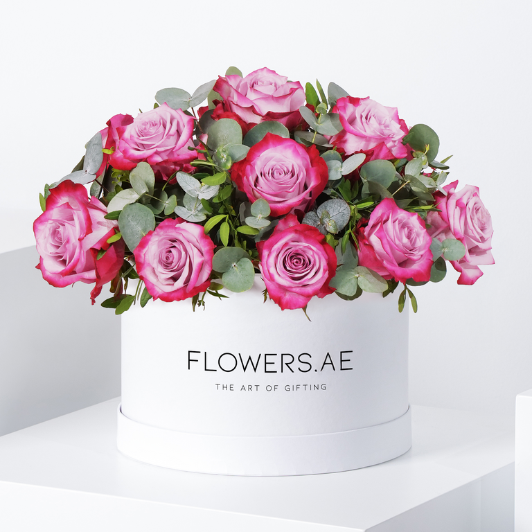 Valentine Purple Roses with greens Hatbox