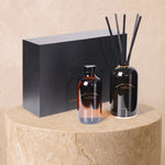 Velvet Noir Reed Diffuser – An elegant reed diffuser with sustainable fiber reed sticks is presented in a porcelain v…