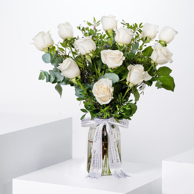 Valentine 12 White Roses Vase