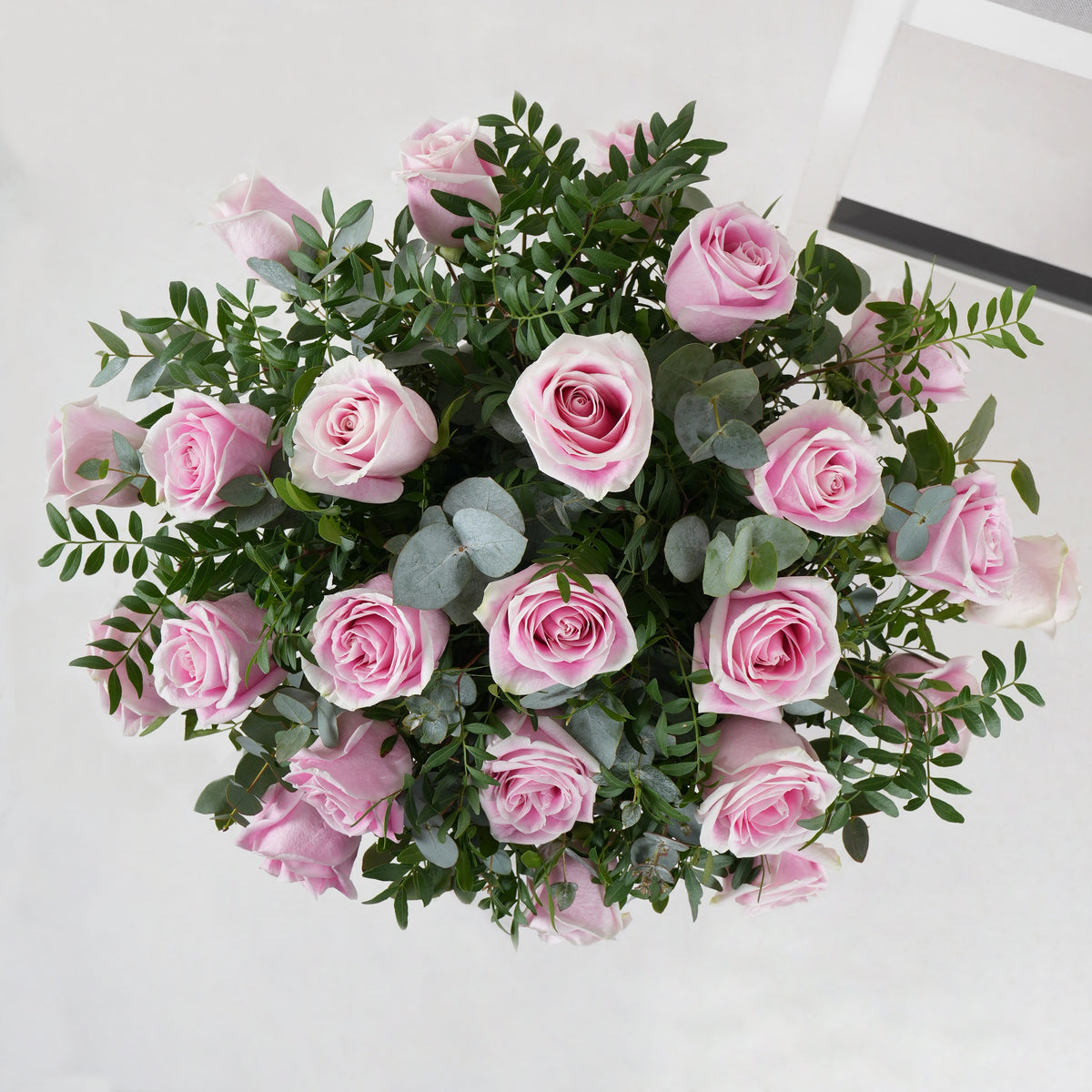 Valentine Pink Roses with greens - Hatbox