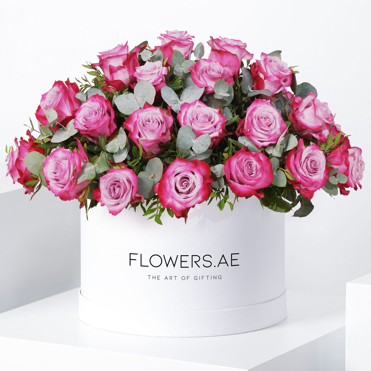 Valentine Purple Roses with greens Hatbox