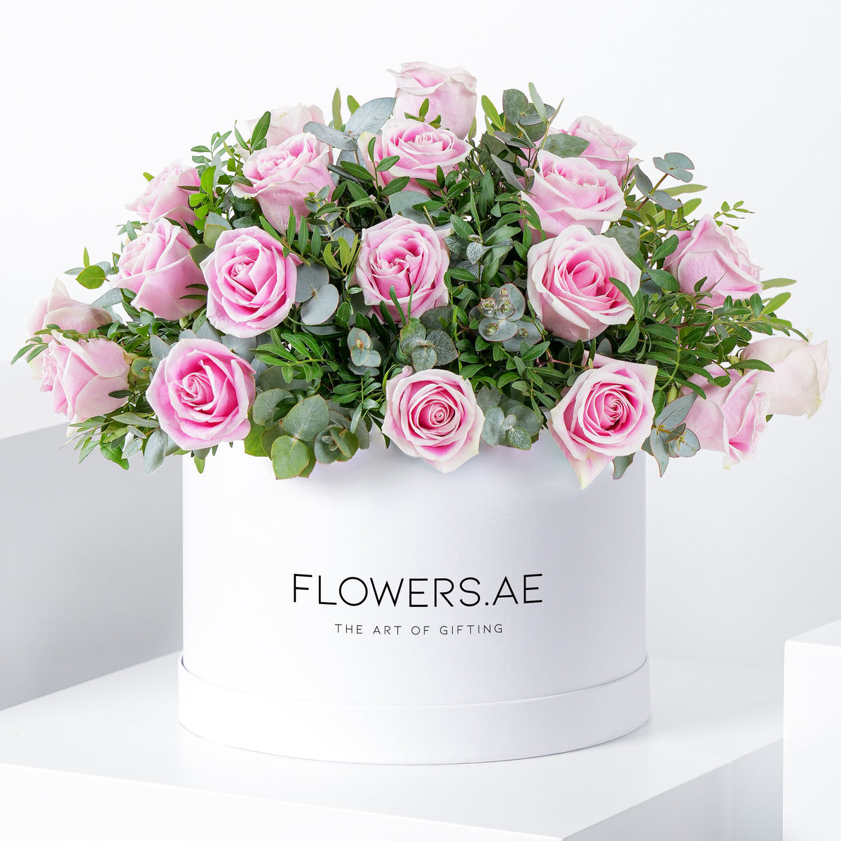 Valentine Pink Roses with greens - Hatbox