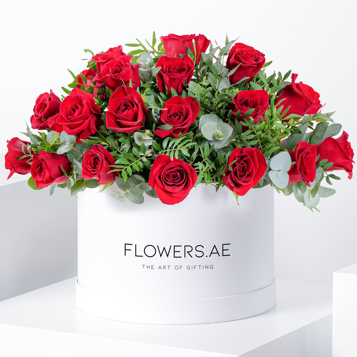 Valentine Red Roses with greens Hatbox