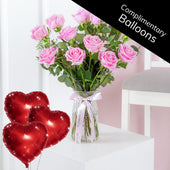 12 Pink Roses - Vase (Complimentary balloons)