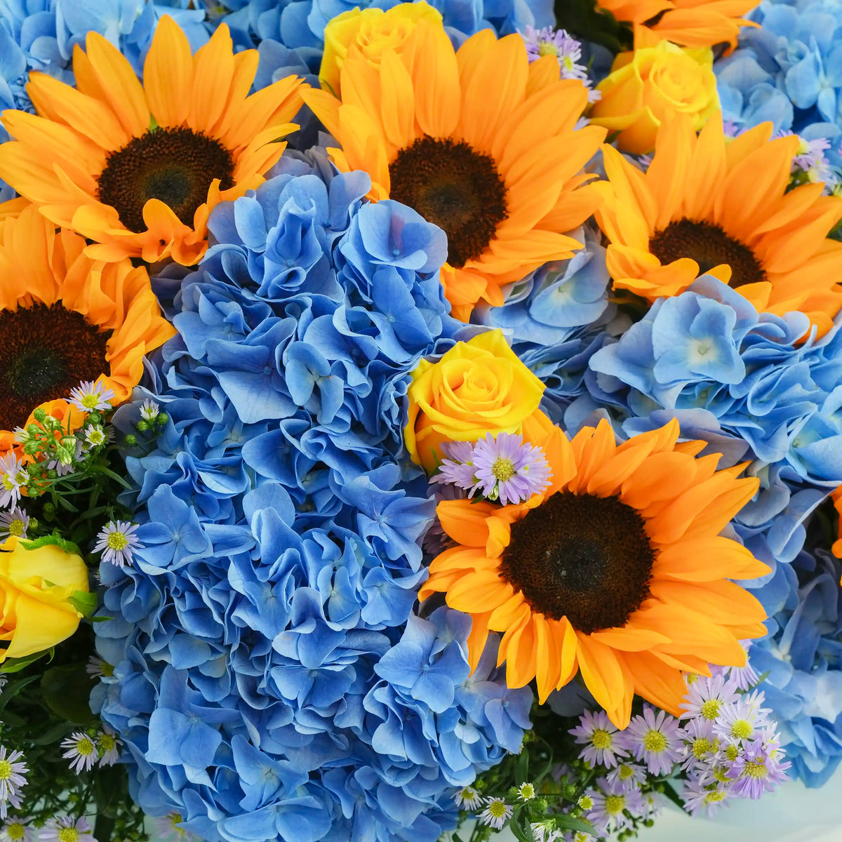 Blue Hydrangea with Sunflowers